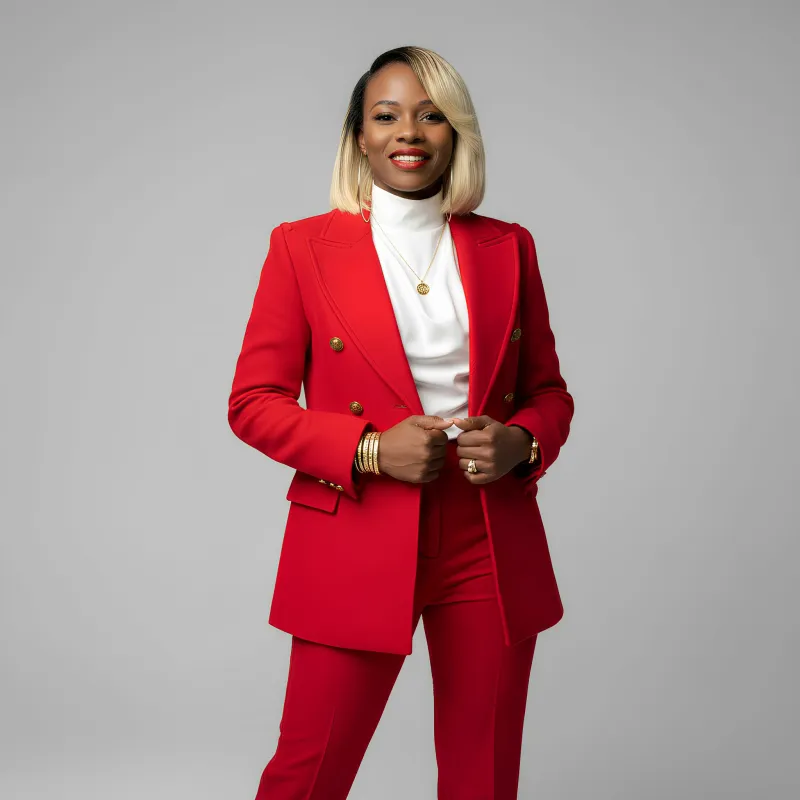 Red suit and white turtleneck styled for a portrait
