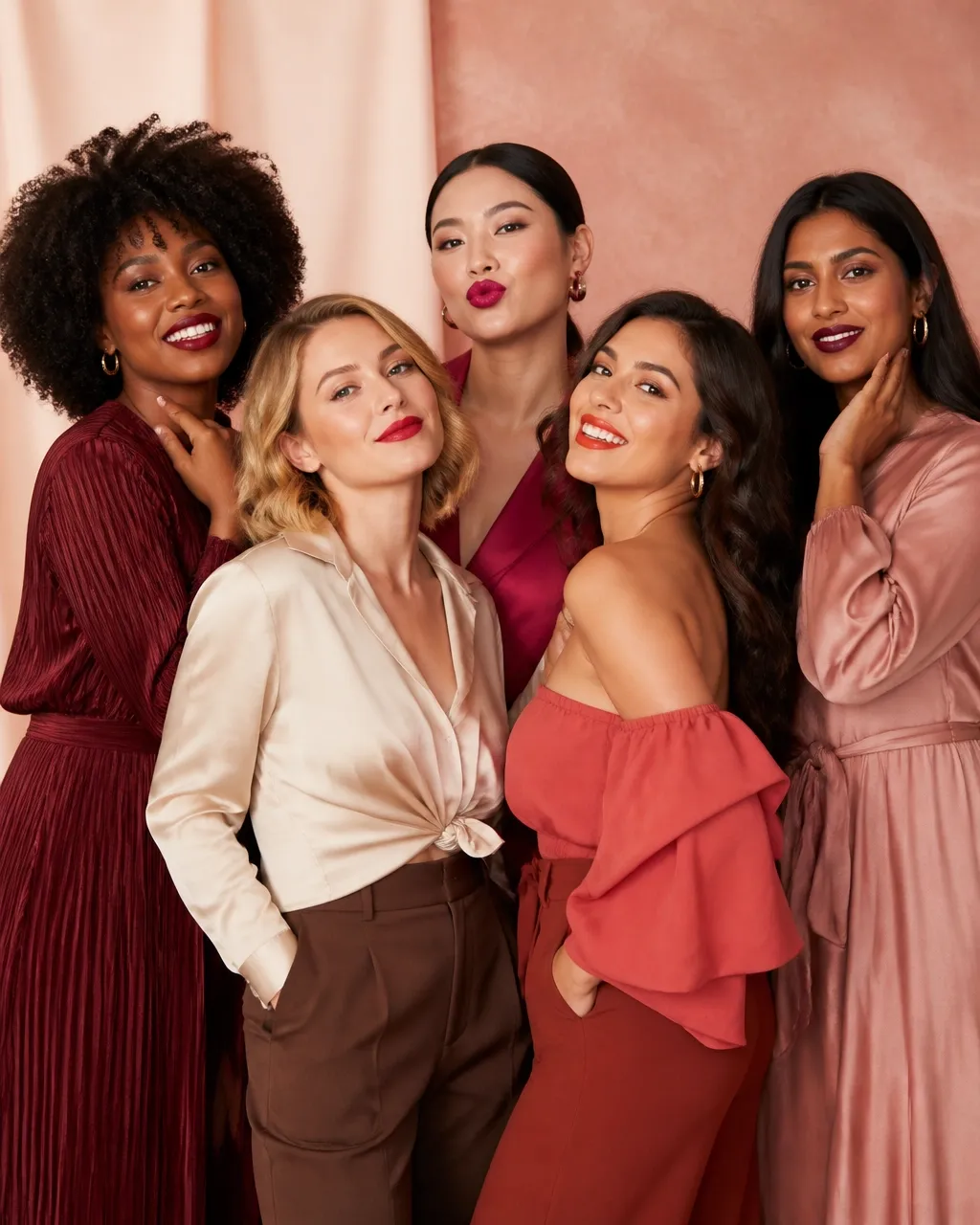 Five women posing together in bold lipstick and fashion-forward outfits