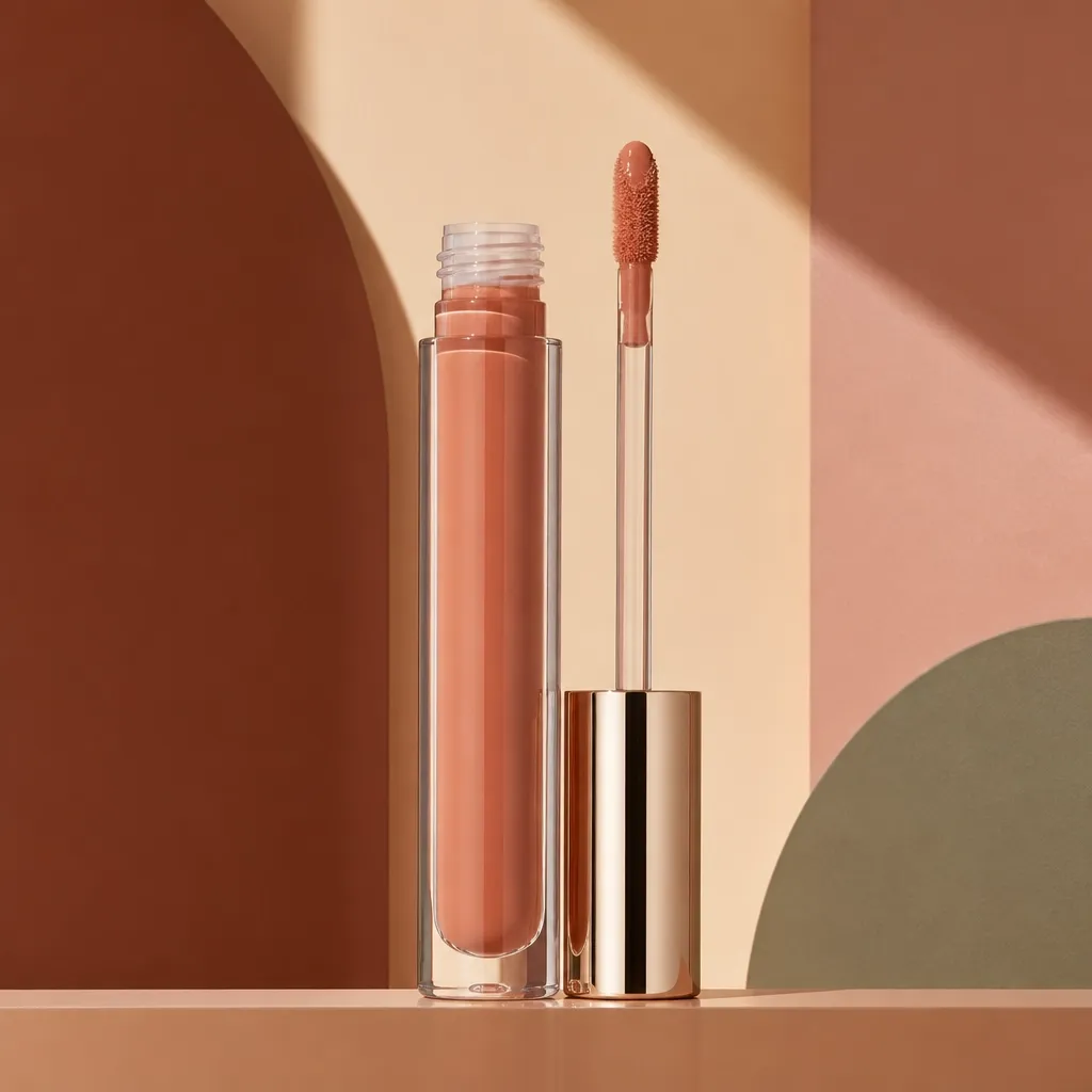 Mercy warm caramel nude lip color in a clear tube with a doe-foot applicator