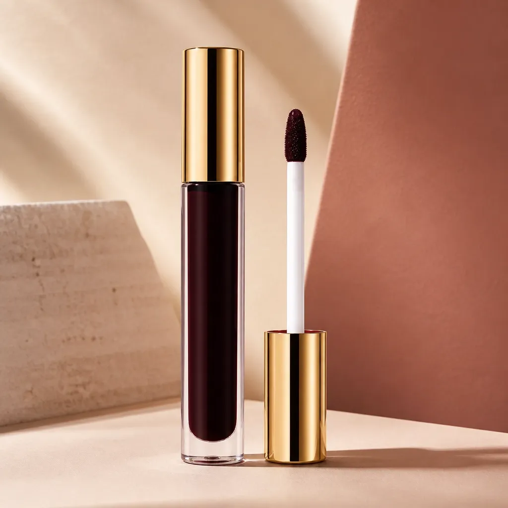 Deliverance deep black-red lip color in a premium clear glossy tube with a visible doe-foot wand applicator