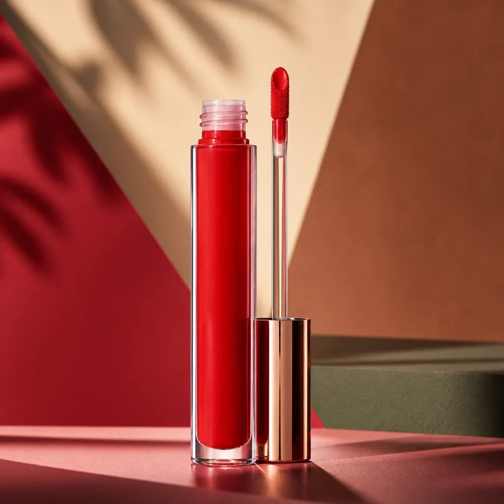 Fearless bright scarlet lip color in a premium clear glossy tube with a visible doe-foot wand applicator