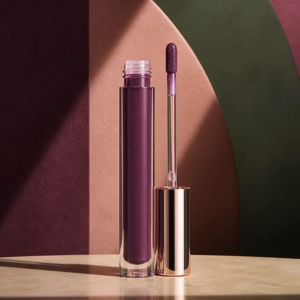Holy smoky plum lip color in a premium clear glossy tube with a visible doe-foot wand applicator