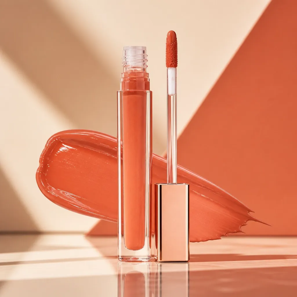 Joy Unleashed coral-orange lipstick tube in a premium clear glossy tube with a visible doe-foot wand applicator